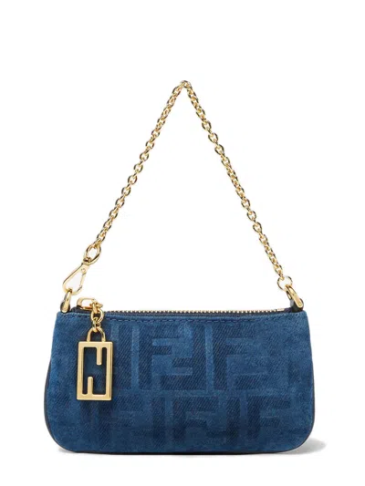 Fendi Mini Baguette Clutch With Zip Closure And Gold-finish Details In Blue