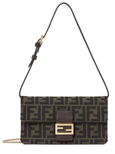 Fendi Mini Baguette Ff Logo Shoulder Wallet Bag With Chain Strap, 11.5cm X 21cm X 5.5cm In Marrone