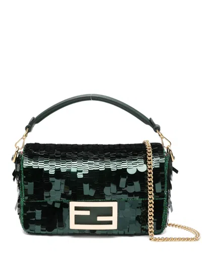 Fendi Mini Baguette Sequined Tote Bag In Green