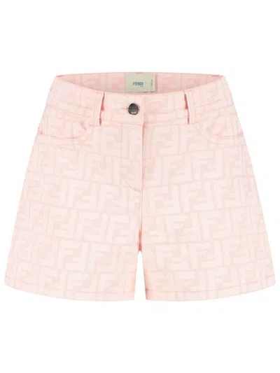 Fendi Mini Cotton Denim Shorts With All-over Logo Print In Pink