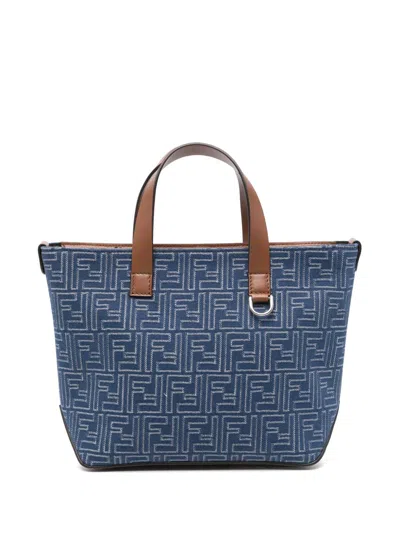 Fendi Mini Denim-effect Ff Jacquard Bag With Leather Base In White