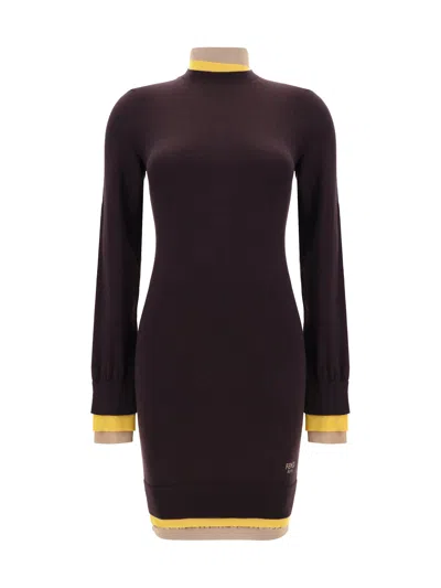 Fendi Mini Wool Dress With Contrasting Details In Burgundy