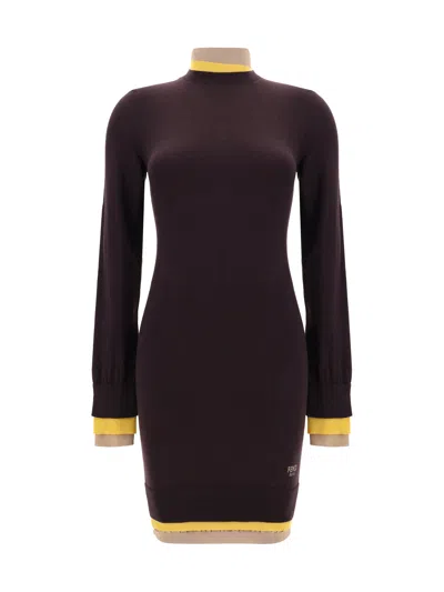 Fendi Mini Wool Dress With Contrasting Details In Burgundy