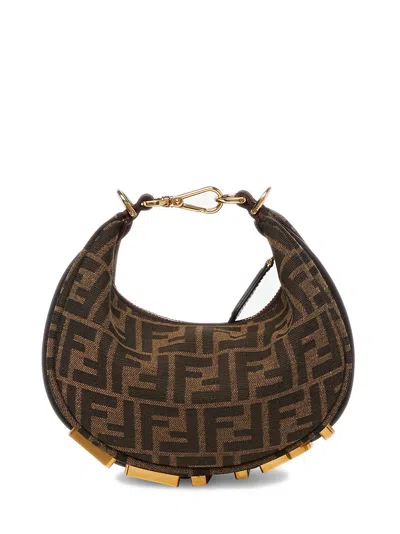 Fendi Mini Ff Jacquard Brown Bag With Vintage Gold Accents