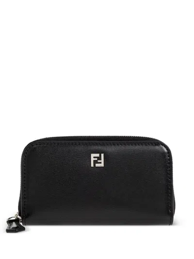 Fendi Mini Ff Logo-plaque Leather Wallet In Black