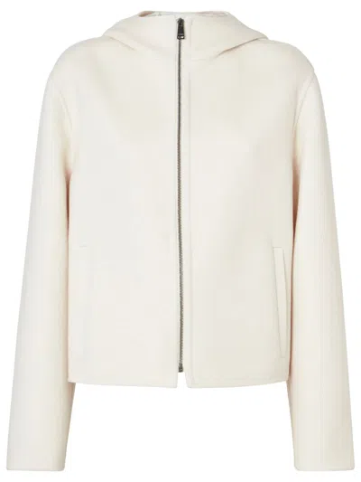 Fendi Mini Hooded Blouson In Double-faced Wool With Tonal Zucca Ff Interior In Neutral