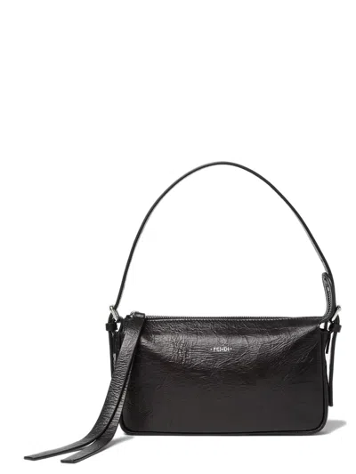 Fendi Mini Leather Shoulder Bag 14cm H X 23cm W X 4cm D With Crackled Finish, Long Zip Pull And Adju In Nero