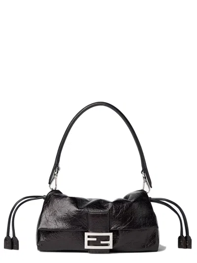 Fendi Mini Leather Shoulder Bag With Crackled Finish, 15 Cm X 26.5 Cm X 8.5 Cm In Nero