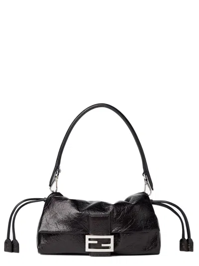Fendi Mini Leather Shoulder Bag With Crackled Finish, 15 Cm X 26.5 Cm X 8.5 Cm In Nero