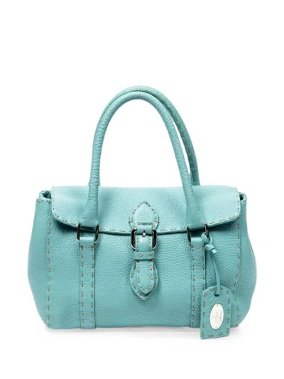 Pre-owned Fendi Mini Linda Leather Tote Bag In Blue