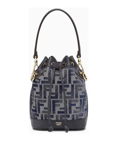 Fendi Mon Tresor Mini Ff Chenille & Leather Bucket Bag In Blue