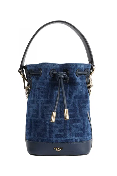 Fendi Mini Mon Tresor Ff Denim Flock Bucket Bag In Blue