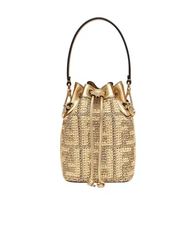 Fendi Beige And Gold Raffia Mini Bag In Nude