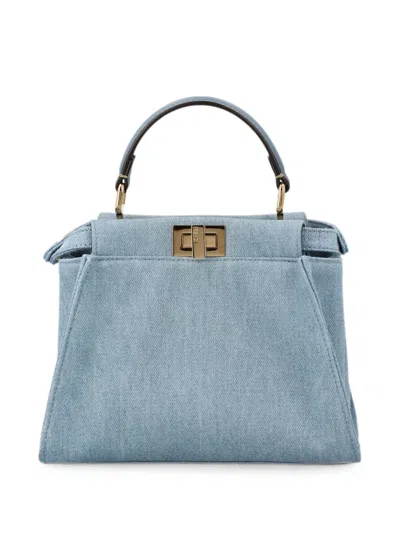 Fendi Mini Peekaboo Embroidered Denim Tote Bag In Blue