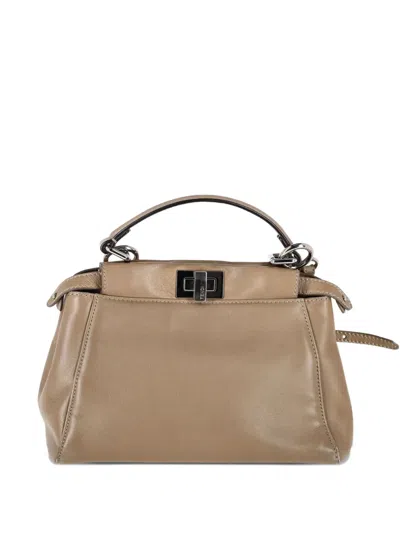 Pre-owned Fendi Mini Peekaboo Leather Tote Bag In Neutral