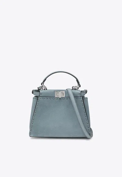 Fendi Mini Peekaboo Nubuck Leather Top Handle Bag In Blue