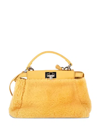 Pre-owned Fendi Mini Peekaboo Shearling Tote Bag In Yellow