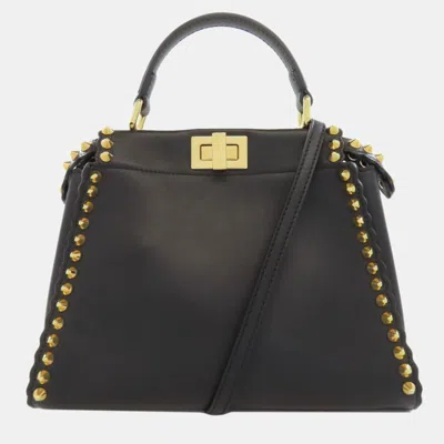 Pre-owned Fendi Mini Peekaboo Studded Handbag Calf Leather In Black