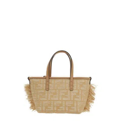 Fendi Mini Roll Ff Jacquard Fringed Tote Bag In Sand