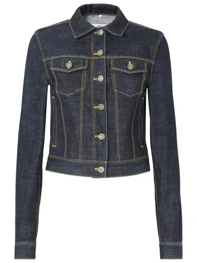 Fendi Mini Short Denim Jacket In Regenerated Cotton With Contrast Stitching In Blue