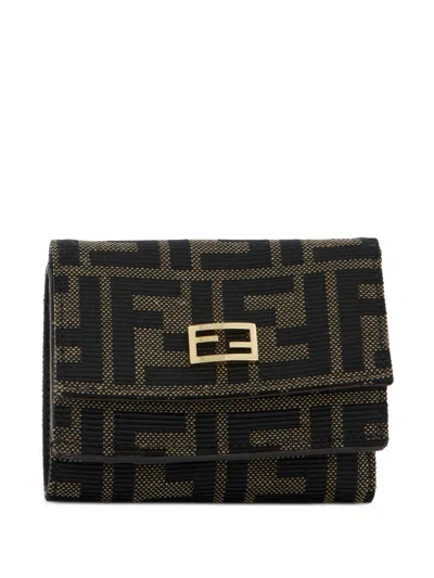 Fendi Mini Trifold Ff Jacquard-accented Leather Wallet In Black