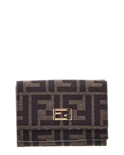 Fendi Mini Tube Ff Zucca Jacquard & Leather Card Case In Brown