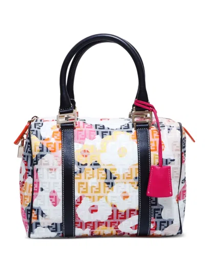 Pre-owned Fendi Mini Zucchino Boston Handbag In White