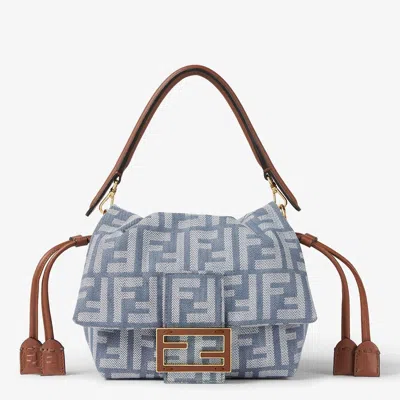 Fendi Minibag Mamma Baguette In Jacquard Ff Denim Effect Blue Women