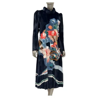 Pre-owned Fendi Mink Floral Intarsia Navy Blue Coat It 42 With Long Sleeves