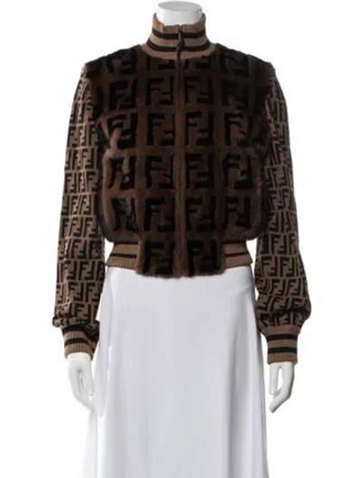 Pre-owned Fendi Mink Graphic Print Bomber Jacket In Brown