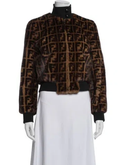 Pre-owned Fendi Mink Graphic Print Faux Fur Jacket In Brown