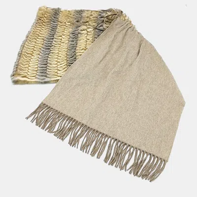 Pre-owned Fendi Mink-trimmed Cashmere Shawl In Sand