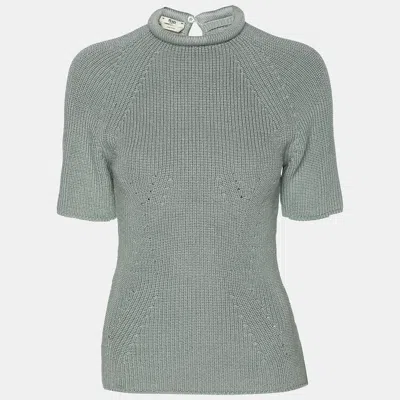 Pre-owned Fendi Mint Blue Knit High Neck Half Sleeve T-shirt M
