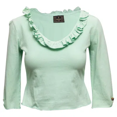 Pre-owned Fendi Mint  Ruffle-trimmed Three-quarter Sleeve Sweater In Green