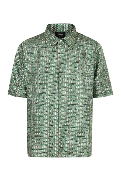 Fendi Mint Green All-over Print Silk Shirt For Men