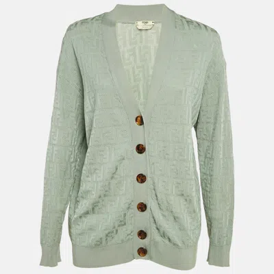 Pre-owned Fendi Mint Green Logo Cotton Knit Cardigan M