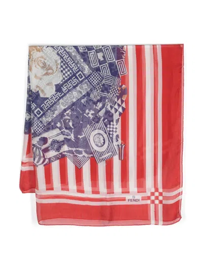 Pre-owned Fendi Mix-print Silk Scarf In Red