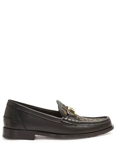 Fendi Man's Black Leather Loafers With Ff Insert In Multicolor