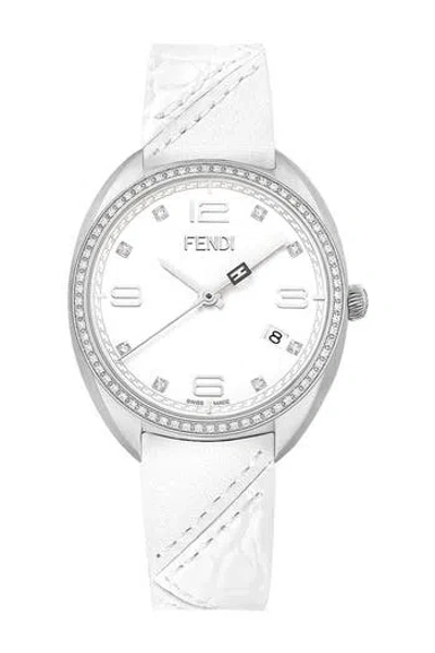 Fendi Momento  Diamond Bezel Leather Strap Watch, 34mm In White