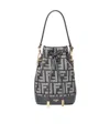 Fendi Mon Tresor Denim-effect Ff Jacquard Mini Bucket Bags In Blue