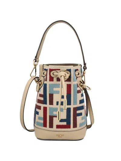 Fendi Mon Tresor Multicolor Ff Embroidery Canvas Mini Bucket Bags In Red