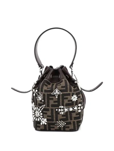 Pre-owned Fendi Mon Tresor Crystal Embellished Zucca Canvas Mini Bucket Bag In Brown