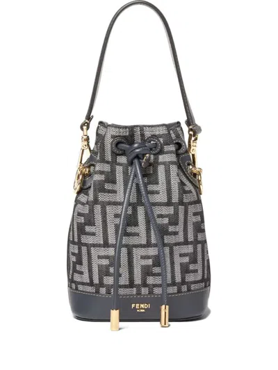 Fendi Mon Tresor Denim-effect Ff Jacquard Mini Bucket Bags In Black
