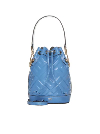 Fendi Mon Tresor Ff Embossed Drawstring Bucket Bag In Blue