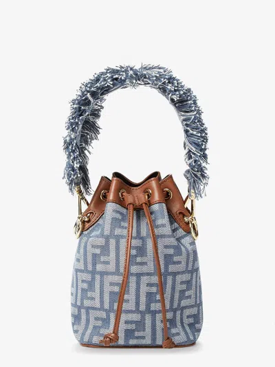 Fendi Mon Tresor Jacquard Ff Fabric And Leather Bucket Bag In Blue