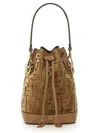 Fendi Mini Leather Bucket Bag With Monogram Pattern In Beige