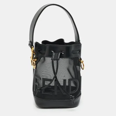 Pre-owned Fendi Mon Tresor Mini Black Mesh And Leather Logo Bucket Bag