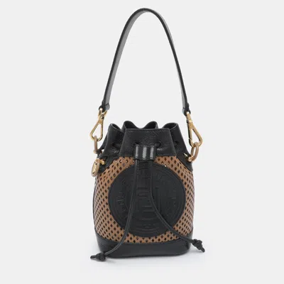 Pre-owned Fendi Mon Tresor Mini Black/beige Perforated Leather Bucket Bag In Sand
