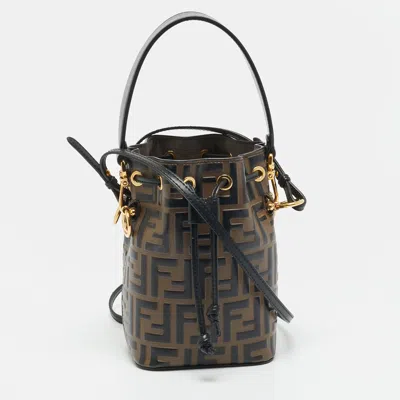 Pre-owned Fendi Mon Tresor Mini Black/brown Ff Leather Bucket Bag