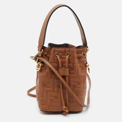 Pre-owned Fendi Mon Tresor Mini Brown Zucca Embossed Leather Bucket Bag